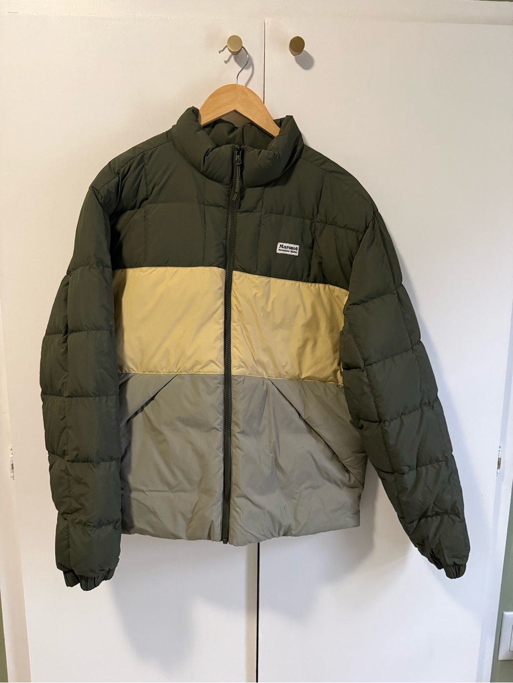 Marmot  Colorblock Puffer Jacket in Olive, Yellow & Gray